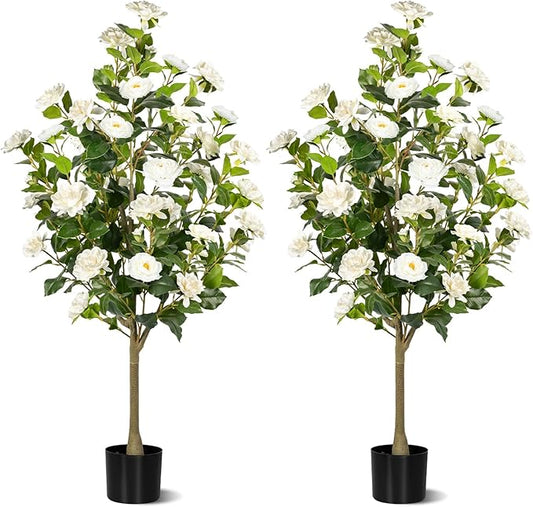 Artificial Camellia Tree 2 Pack, Artificial Plants Outdoor Faux Floral Plant in Cement Pot Fake Silk Camellia Tree Plants for Home House Living Room Office Decor