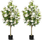 Artificial Camellia Tree 2 Pack, Artificial Plants Outdoor Faux Floral Plant in Cement Pot Fake Silk Camellia Tree Plants for Home House Living Room Office Decor