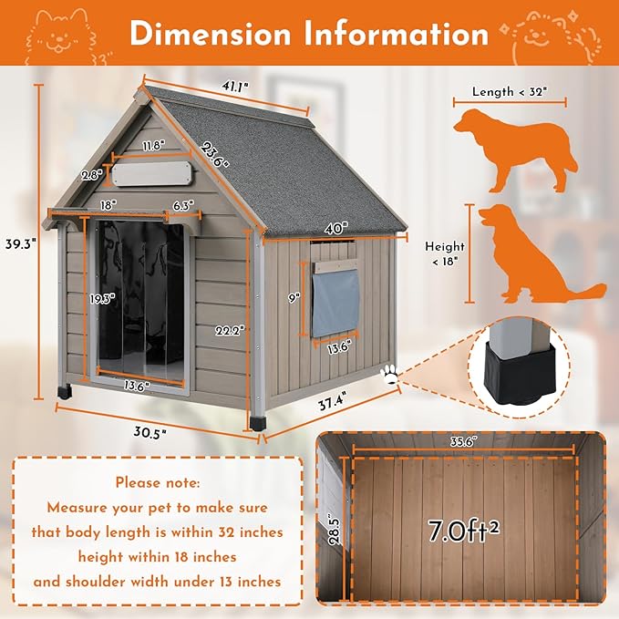Outdoor Dog House Weatherproof Large Wooden Dog Kennel Indoor for Small Dogs with Chew-Proof Frame, Oxford Fabric Window, Removable Floor Pet Shelter (Grey, 30.5" D x 37.4" W x 39.3" H)-Mewly Pet