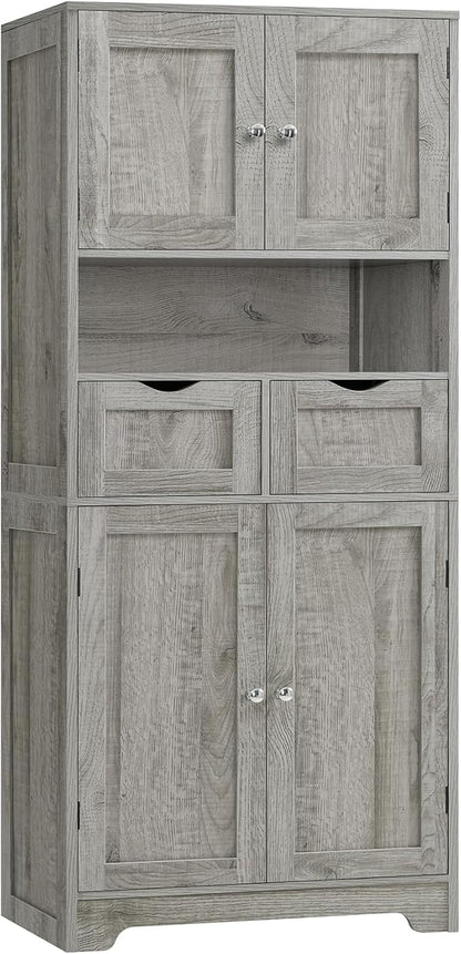 Iwell Tall Storage Cabinet with Adjustable Shelf, Bathroom Cabinet with 2 Drawers, Linen Cabinet for Living Room, Grey