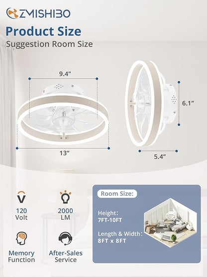 ZMISHIBO Low Profile Ceiling Fans with Lights and Remote, 13 Inch Fandelier Ceiling Fan with Light, White Modern Flush Mount Ceiling Fan, Small Dimmable LED Fan Lights for Bedroom