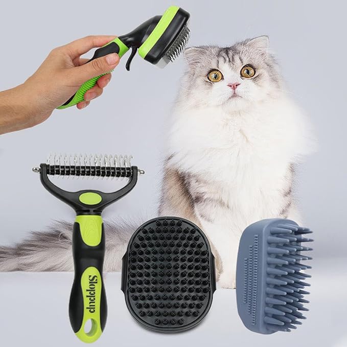 Dog Brush Kit for Grooming Short & Long Haired Dogs & Cats, 4-in-1 Pet Grooming Set with Self-Cleaning Slicker Brush, Deshedding Tool, Shampoo Bath Comb, Massge Comb (Green Black)-Mewly Pet