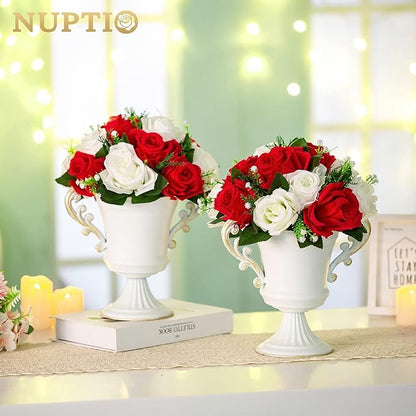NUPTIO Pcs of 6 Fake Flower Ball Arrangement Bouquet,15 Heads Plastic Roses with Base, Suitable for Our Store's Wedding Centerpiece Flower Rack for Parties Valentine's Day Home Décor (Red & White)