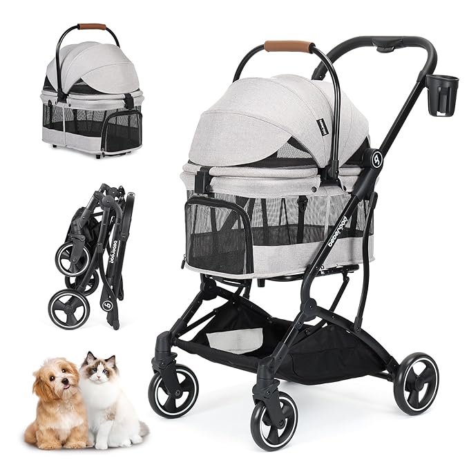 T3 3 in 1 Small Pet Stroller for Dogs & Cats, 4 Wheels for Dogs with Detachable Carrier with Pad, Canopy and Cup Holder, Grey-Mewly Pet