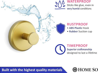HOME SO Suction Cup Hooks for Shower, Bathroom, Kitchen, Glass Door, Mirror, Tile – Loofah, Towel, Coat, Bath Robe Hook Holder for Hanging up to 15 lbs – Waterproof, Matte Brushed Satin Gold (2-Pack)
