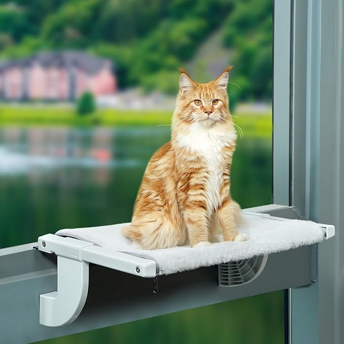 Sunhoo Cat Window Perch Hammock Kitty Bed for Windowsill Bedside Large Cats Shelf Seat Inside with Adjustable Ledge Sturdy Removable Cover Easy Assembly No Suction No Drill Hold 40lbs 22 * 13.58in(S)-Mewly Pet