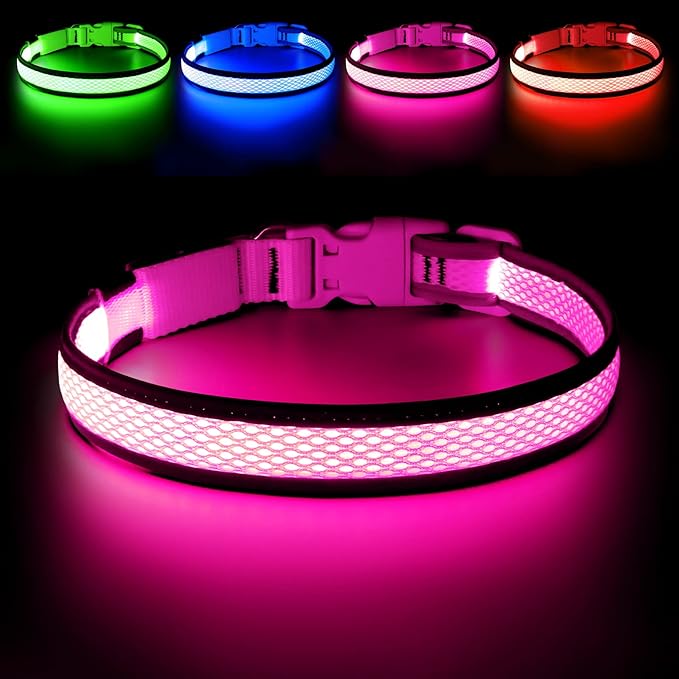 Flashseen LED Dog Collar, USB Rechargeable Light Up Dog Collar Lights, Adjustable Comfortable Soft Mesh Safety Pet Collar for Small, Medium, Large Dogs (Large, Candy Pink)-Mewly Pet