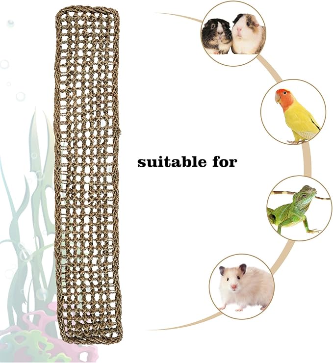 39 x 7 Inches Seagrass Mat, Natural Seagrass Woven Net, Bird Hammock Mat with Hooks, Cage Accessories, Climbing Rope Ladder Chew Toys for Cockatiel, Hamster, Guinea Pig, Rats, Parakeet-Mewly Pet