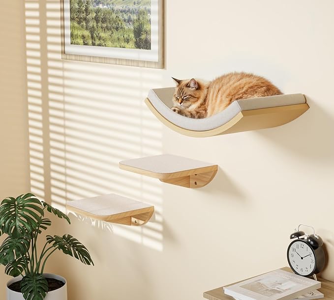 Wall Mounted Cat Steps 2 Pack – Square Wood Cats Shelves with Felt Cushions for Climbing, Jumping & Resting-Mewly Pet
