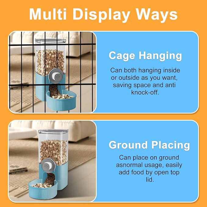 Auto Gravity Food Dispenser for Cage Hanging, 41OZ Capacity Hanging Automatic Pet Cage Feeder, Food Bowl for Cats Dogs Rabbit Ferret Chinchilla Bird Hedgehog Guinea Pig (Blue)-Mewly Pet