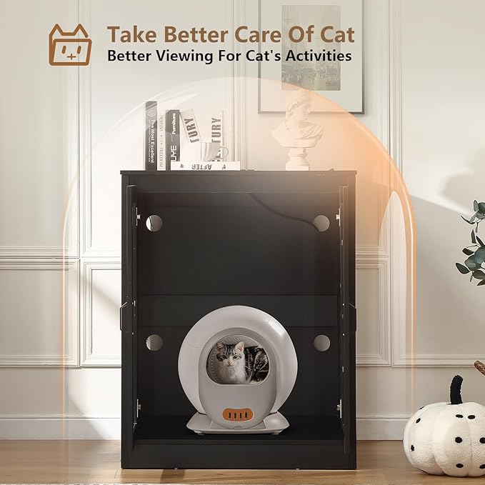 Cat Litter Robot Enclosure with Glass Cat-Observant Doors,Litter Robot Cabinet with Reversible and Optional Entry(Left or Right),Cozy LED for Cats,Power Outlet for More Choice, Black-Mewly Pet