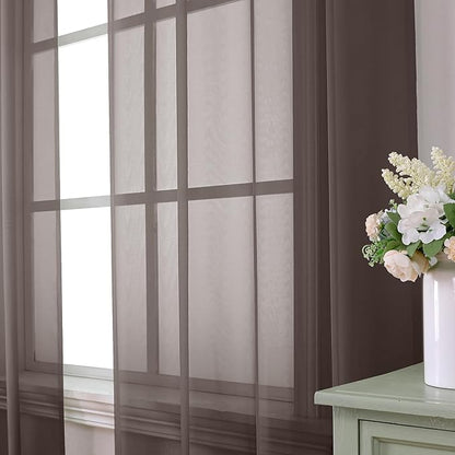 Aiyufeng Chocolate Sheer Curtains 63 Inches Long 2 Panels, Solid Voile Top Dual Rod Pockets Stylish Breathable Drapes Window Treatment for Kid's Room/Bedroom/Living Room, 40W x 63L, Chocolate Brown