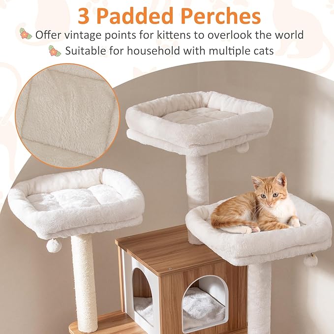 PETSITE 68 Inch Modern Tall Cat Tree for Indoor Cats, Multi-Level Wooden Cat Tree Tower with Sisal Scratching Posts, 3 Top Perches, Cat Condo, Comfy Hammock, Sisal Ramp, and Jingling Balls-Mewly Pet