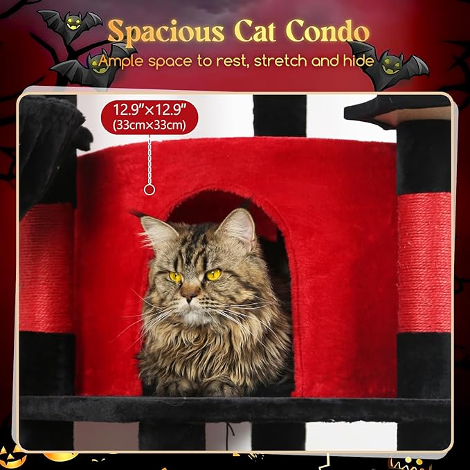 Globlazer Gothic Corner Cat Tree Tower with Scratching Post for Indoor Cats, 51inch Goth Cat Condo Tower with Large Hammock, Fan-Shaped Padded Perch, Spacious Cat Cave, Hanging Basket, C51, Red Black-Mewly Pet