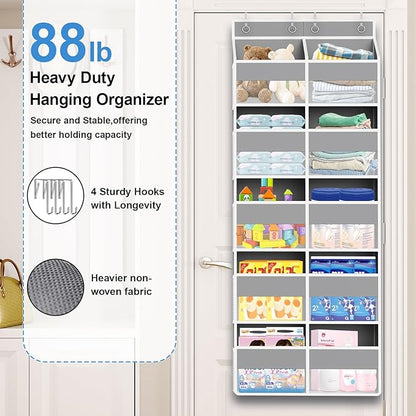Over The Door Organizer Multi Pocket,5 Tier Large Hanging Shelf for Storage Kids Toys, Diapers, Clothes,Yarn,Heavy Duty Behind Door Storage for Bedroom Bathoom Nursery Closet Pantry,gray