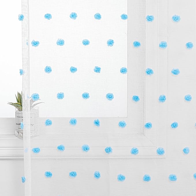MYSKY HOME Light Blue Pom Pom Sheer Curtains for Girls Bedroom - 45 Inch, Light Filtering, Nursery, Kids Room, Rod Pocket, Cafe Style, Small Window Panels, 52 x 54 in, Set of 2