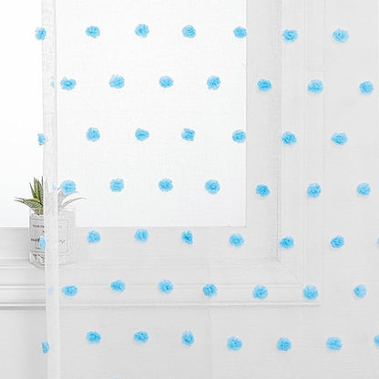 MYSKY HOME Light Blue Pom Pom Sheer Curtains for Girls Bedroom - 45 Inch, Light Filtering, Nursery, Kids Room, Rod Pocket, Cafe Style, Small Window Panels, 52 x 54 in, Set of 2