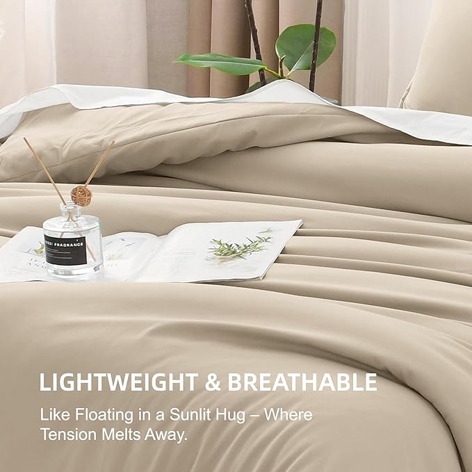 Litanika Khaki Comforter Set Queen Size, 3 Pieces Solid Bedding Comforter Set, All Season Down Alternative Bed Set (90x90In Comforter & 2 Pillowcases)