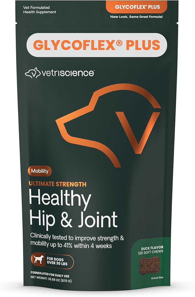 VetriScience Ultimate Strength Healthy Hip & Joint Chews, GlycoFlex Glucosamine, Chondroitin and Green-Lipped Mussel Joint Support Supplement for Dogs, Soothe Joint Discomfort, Duck, 120 Count-Mewly Pet