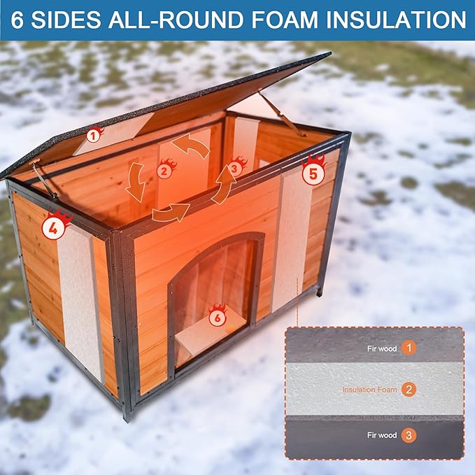 Dog House Outdoor Insulated 43.3" L Large Dog Kennel 6 Sides All-Round Foam Winter Weatherproof for Small Medium Large Dogs with Strong Metal Chew Proof Frame-Mewly Pet