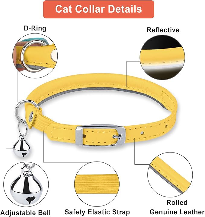 OOPSDOGGY Rolled Leather Cat Collar with Bell, Reflective Kitten Collars with Buckle Include Safety Elastic Strap - Adjustable Small Pet Collars for Boy Girl Cats (Yellow)-Mewly Pet