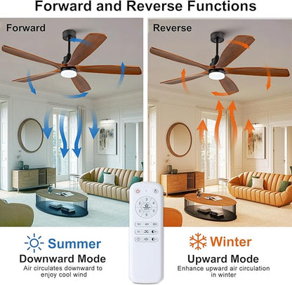 BOJUE 60 Inch Ceiling Fans with Lights and Remote Control, Modern Ceiling Fan with Light for Bedroom, Noiseless DC Motor, Dimmable Led 5 Solid Wood Blades