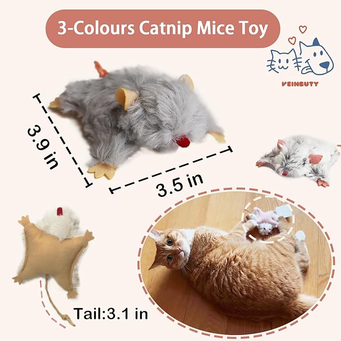 Catnip Cat Mice Toy,3 Pcs Plush Cats Nip Mouse Toys for Teeth Cleaning Chew Kitten Kicker Toy with Crinkle & Bell Cat Interactive Catnip Toys for Indoor Kittens Play Fetch-Mewly Pet