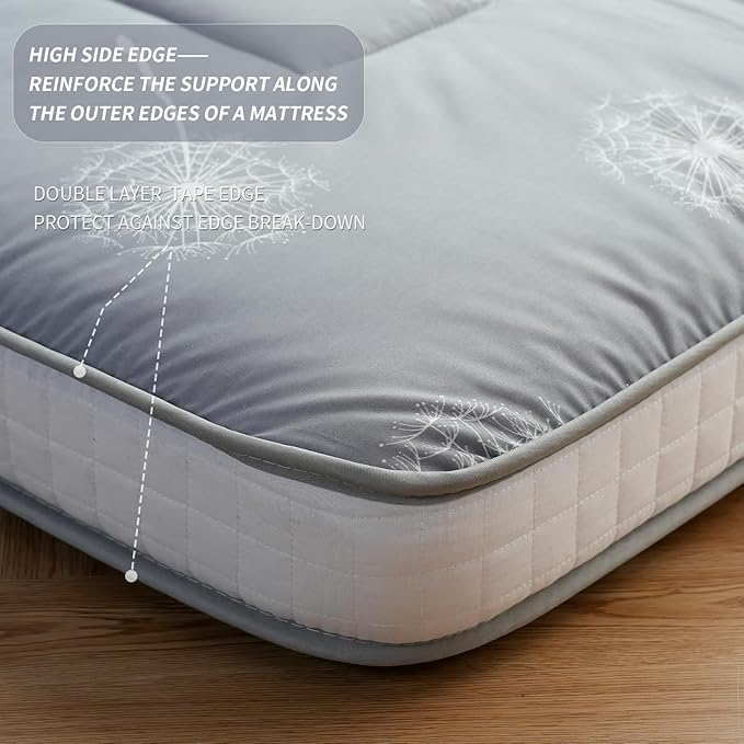 MAXYOYO Futon Mattress Japanese Floor Mattress, Extra Thick Dandelion Pattern Bed Mattress Topper, Quilted Folding Sleeping Pad Breathable Floor Lounger Guest Bed for Camping, Grey, Full
