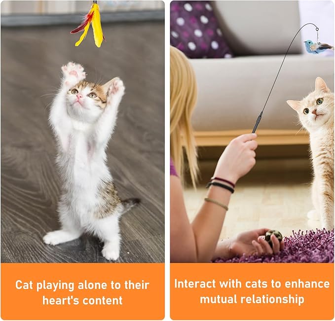 Cat Feather Toys, 10PCS Toys with Super Suction Cup, 2PCS Detachable Wand & 6PCS Replacement Teaser Refills, Interactive Indoor Cat Play-Mewly Pet