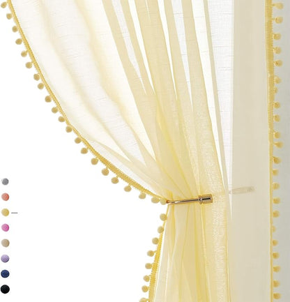 Treatmentex Pom-pom Sheer Curtains for Living Room, 84 inch Long Yellow Curtain Drapes for Kids Room 2 Panels Rod Pocket