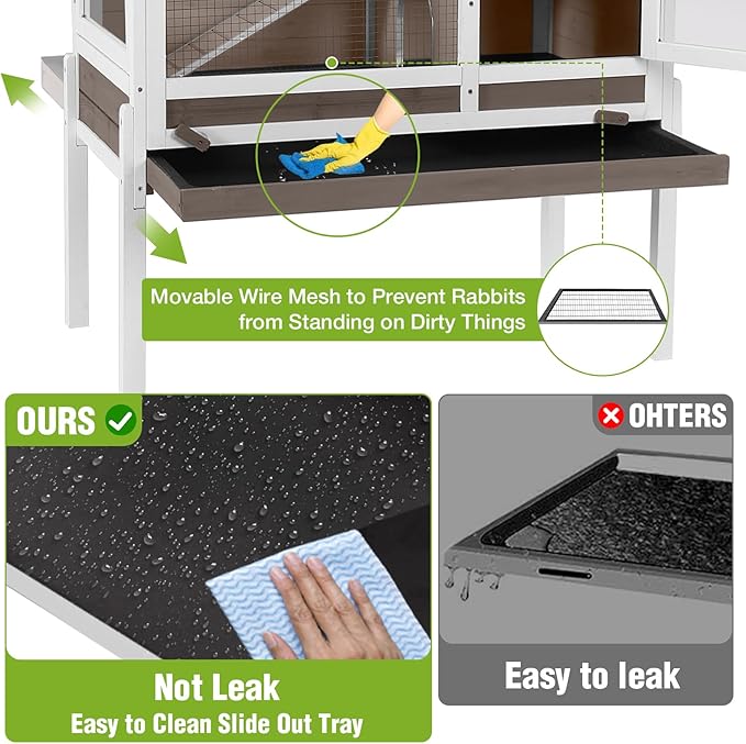 GUTINNEEN Indoor Rabbit Hutch Guinea Pig Cages with Chew-Proof Ramp, 2-Story Wooden Bunny House with Pull-Out Tray & Leakproof PVC Layer, Small Animal Cage with Detachable Legs-Mewly Pet