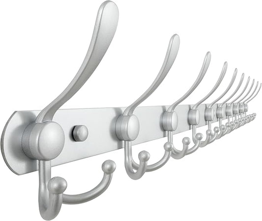 Dseap Coat Rack Wall Mount - 38” Long 10-Tri-Hooks Heavy Duty Coat Hanger Rail Wall Hooks for Hanging Coats Hats Clothing Clothes Purse Mudroom Entryway, Silver