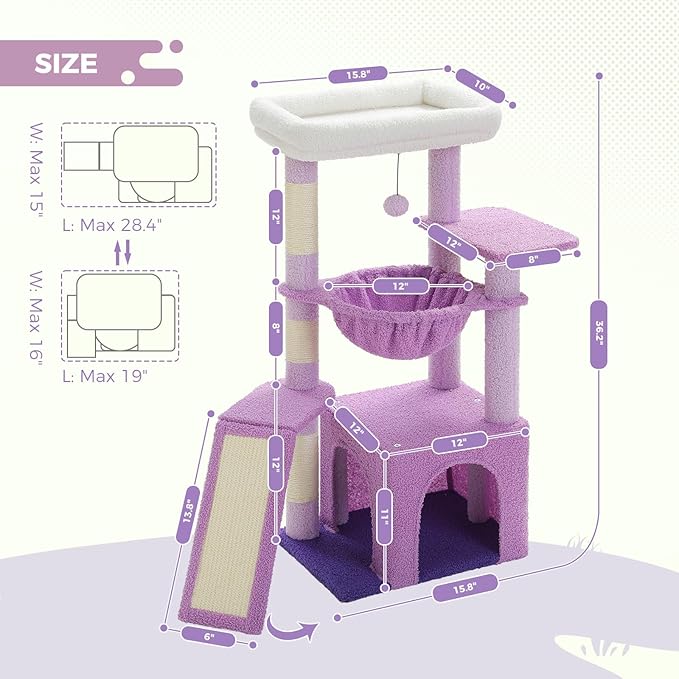 PEQULTI 36.5'' Cat Tree for Indoor Cats, Small Cat Tower with Large Cat Condo, Scratching Posts, Cozy Hammock and Scratching Ladder for Kittens, Purple-Mewly Pet