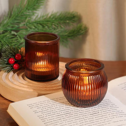 24pcs Assorted Amber Votive Candle Holders for Table Centerpiece, Fall Centerpieces for Tables, Ribbed Tea Lights Candle Holder for Wedding, Holiday and Vintage Decor