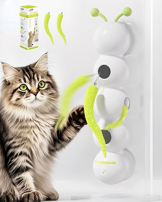 Interactive Caterpillar Cat Toy, Motion Sensor, Simulation of Biological Trajectory, ABS, USB Rechargeable, Stable Suction Cup, Cat Feather Toys for Indoor Cats, Caterpillar Smart Toy with 2 Tails-Mewly Pet