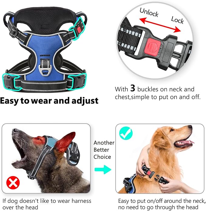 Timos Dog Harness, No Pull Dog Harness 3 Snap Buckles Adjustable Reflective No Choke Pet Vest for Small Dog with Soft Padded Control Training Handle for Outdoor Training,Lock Blue, S-Mewly Pet