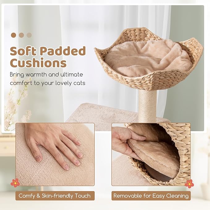 PETSITE 59 inch Cattail Cat Tree Tower, Multi-Level Cat Tower with Natural Sisal Scratching Posts, Condo, Basket, Top Perch and Jumping Platforms, Modern Tall Cat Tree for Indoor Cats-Mewly Pet