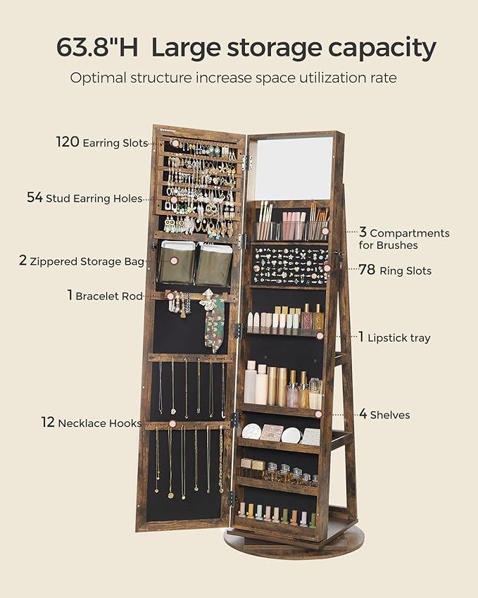 SONGMICS 360° Swivel Jewelry Cabinet, Lockable Jewelry Organizer with Full-Length Mirror, Rear Storage Shelves, Interior Mirror, Jewelry Armoire, Christmas Gifts for Women, Rustic Brown UJJC006X01