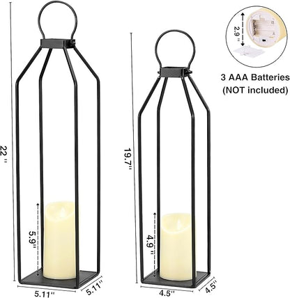 Perfnique Modern Farmhouse Lantern Decor, 19.7'' 22'' Set of 2 Black Metal Lanterns, 2 LED 6hr Timer Flickering Flameless Candles, Lanterns Decorative for Porch, Patio, Fireplace Mantle, Christmas