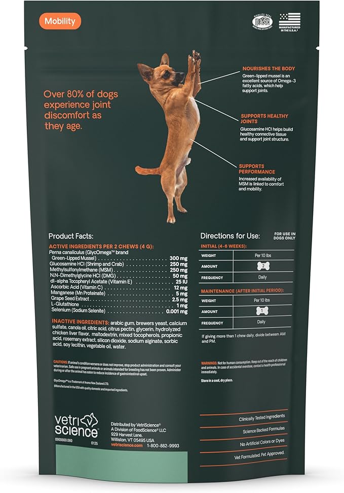 VetriScience Glycoflex 3 Clinically Proven Hip and Joint Support Supplement for Small Dogs - Maximum Strength Dog Supplement with Glucosamine, MSM, Green Lipped Mussel & DMG - 60 Chews,Chicken Flavor-Mewly Pet
