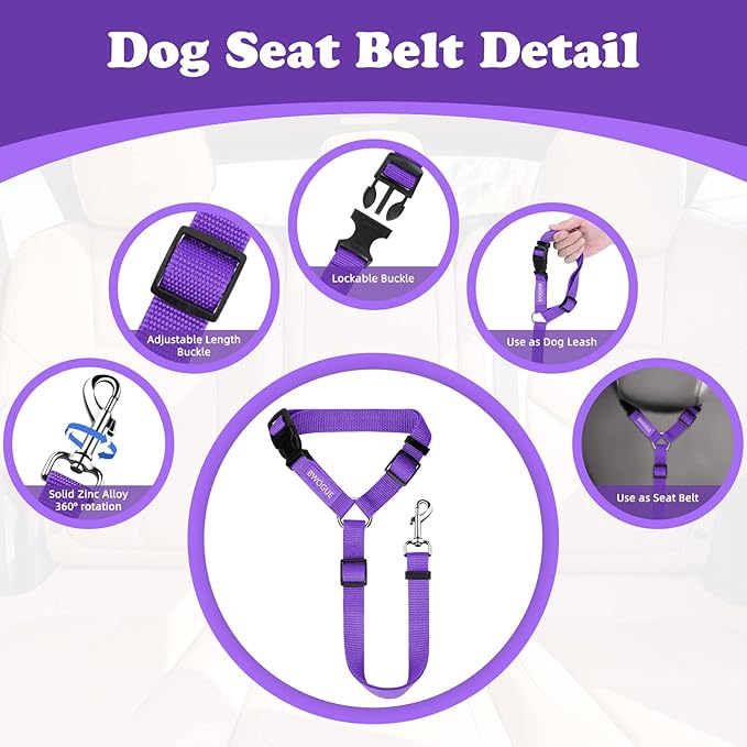 BWOGUE 2 Packs Dog Cat Safety Seat Belt Strap Car Headrest Restraint Adjustable Nylon Fabric Dog Restraints Vehicle Seatbelts Harness Purple-Mewly Pet