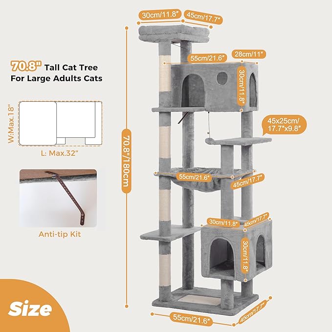 72” Cat Tree for Large Cats Big Cat Tower with Enlarged Hammock 21.6x17.7” Spacious Cats Condo House and Roomy Top Bed and Multiple Scratch Posts for Indoor Adult Cats (Grey, XLarge-72)-Mewly Pet