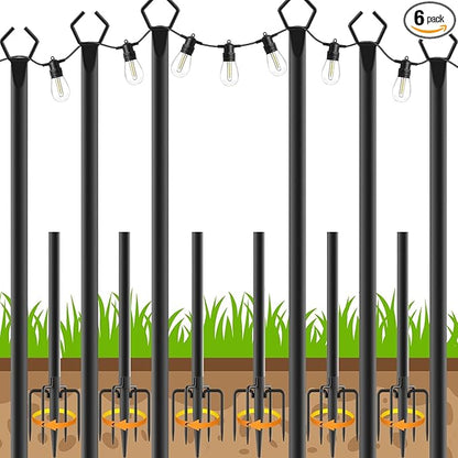 6 Pack 10Ft String Poles, Poles for Outside String Lights,Outdoor with Fork,Metal Poles Stand for Patio,Backyard,Deck