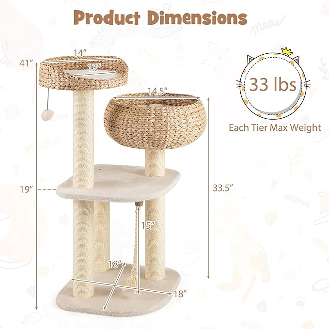 Tangkula Modern Cat Tree, Tall Cat Tower with Natural Sisal Scratching Post, Hand-Made Wicker Cat Condo & Top Perch, Funny Hanging Toy Ball, Cute Cat Tree Tower for Indoor Cats-Mewly Pet
