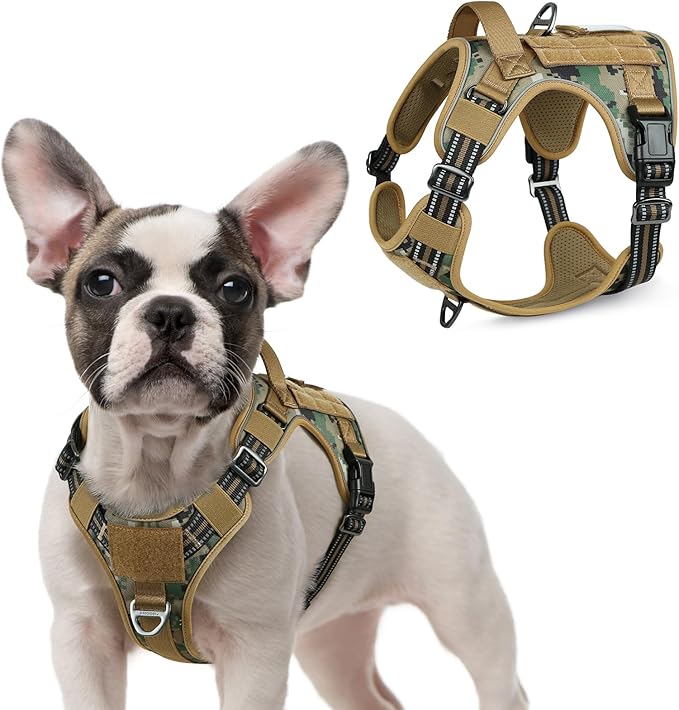 rabbitgoo Tactical Dog Harness for Small Dogs, No Pull Military Service Vest with Handle & Molle, Easy Control for Training Walking, Adjustable Reflective Straps, Brown camo, S-Mewly Pet