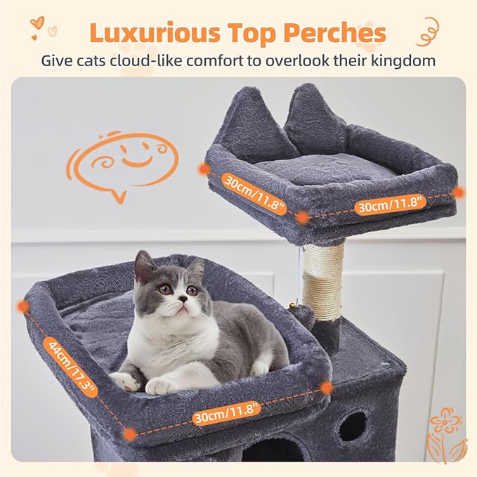 Taoqimiao Cat Tree 71-Inch, Cat Tower for Indoor Cats Large Adult, Multi-Level Large Cat Condo, 8 Sisal Scratching Posts, Metal Frame Cozy Hammock, Scratch Board, 2 Top Perches, Smoky Gray MS026LG-Mewly Pet