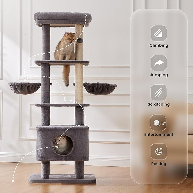 Gardner Pet 65in Heavy Duty Cat Tree Tower for Large Cats, Multi-Level Cat Furniture with Replaceable Sisal Scratching Post, Hammock | Extra-Large Platform & Condo (Grey)-Mewly Pet