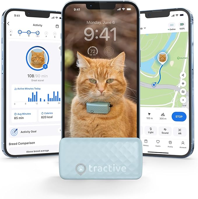 Tractive Smart Cat GPS Tracker | Real-Time Location & Wellness Monitoring for Cats 6.5 lbs+ | Territory & Location History | Up to 5-Day Battery | Breakaway Collar Included (Mint)-Mewly Pet