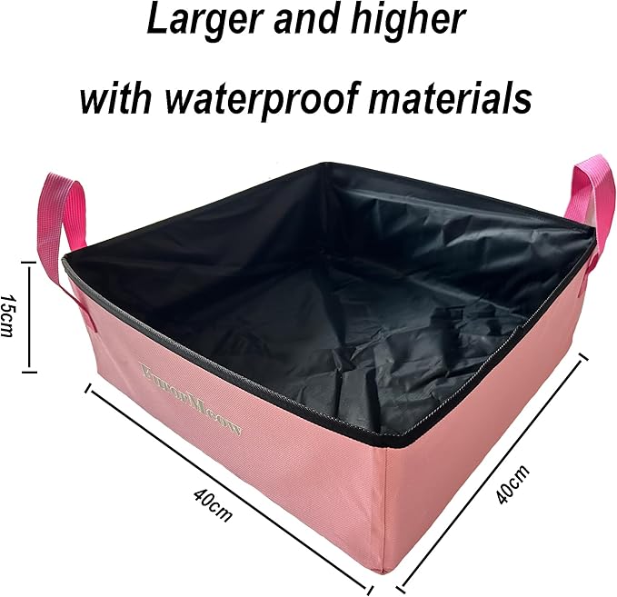 Pink Portable Cat Litter Box, Firm Waterproof Foldable for Travelling for Cats, Including Crinkle Ball, Poop Bags, Foldable Bowl and Scoop, 15.8x15.8x5.9 inches-Mewly Pet