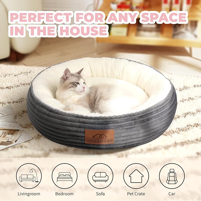 20in Washable Cat Beds for Indoor Cats - Round Donut Pet Bed for Cats, Small Dogs, Puppy, Kitten - Anti-Slip Bottom, Calming Bed Gift - Dark Grey-Mewly Pet